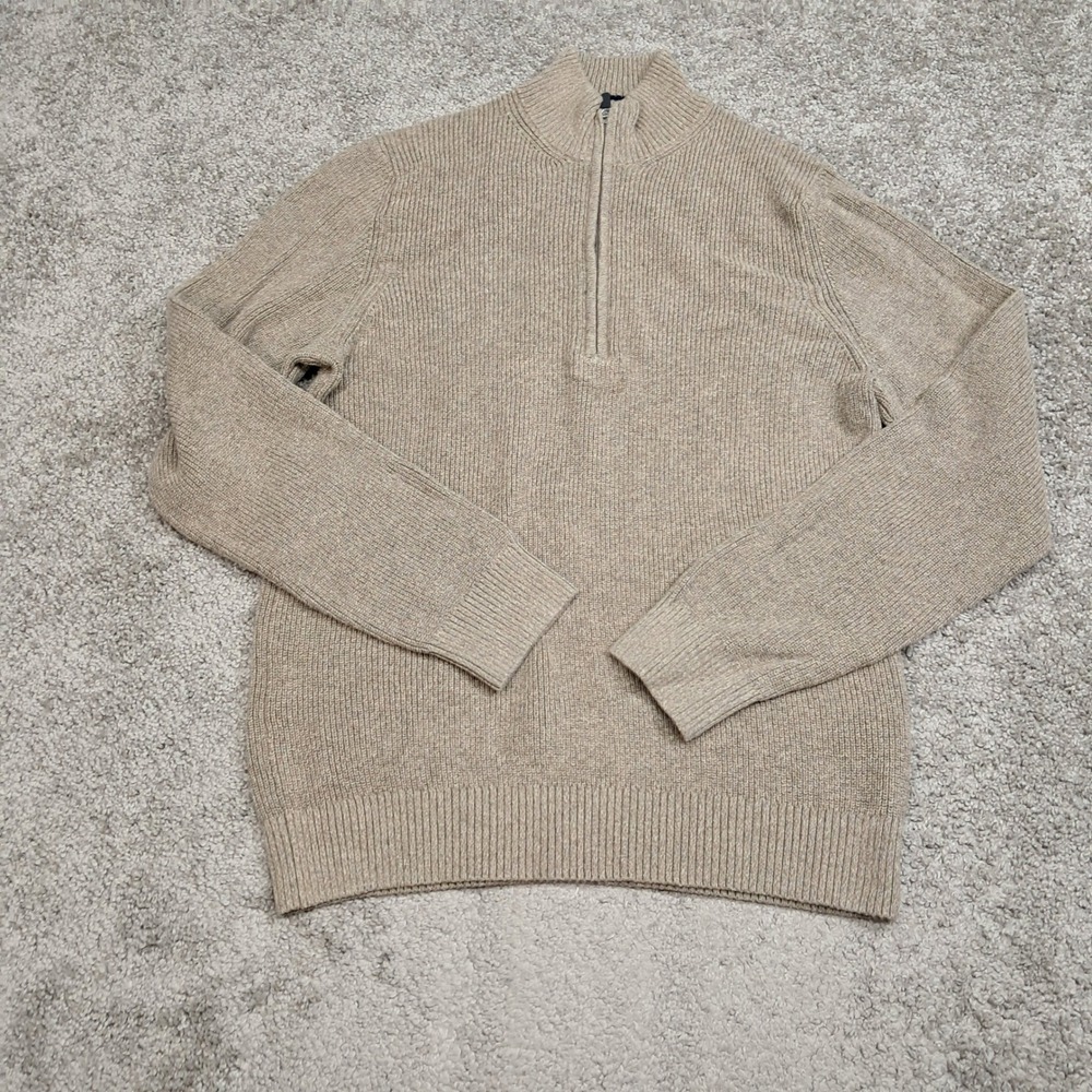 IZOD Mens XL Quarter Zip Sweater 100% Cotton Ribbed Knit Oatmeal Heather